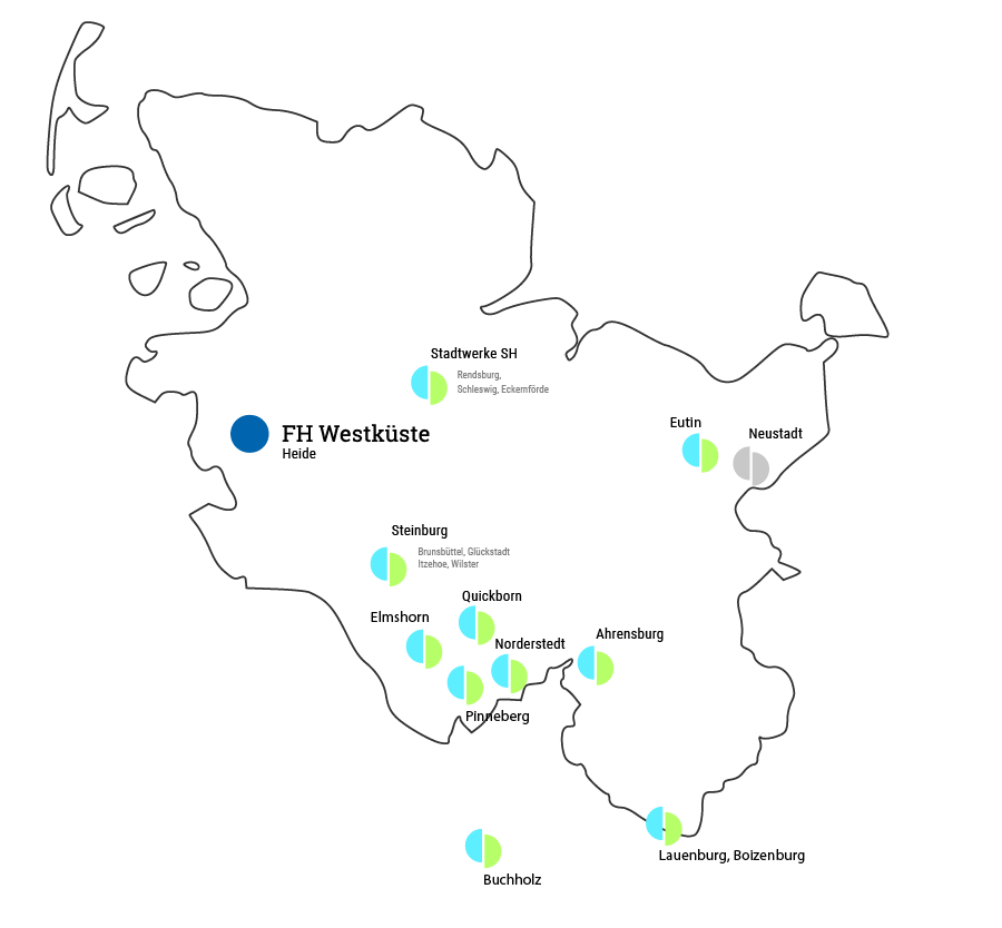 Karte mit Studienplätzen für das Duale Studium bei den Stadtwerken in Schleswig-Holstein